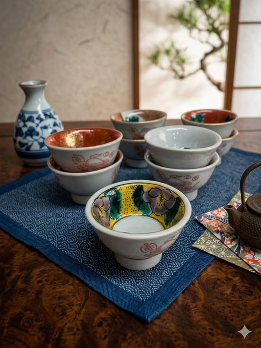 אוצר יפני עתיק | סט 11 כוסיות סאקה פורצלן מהמאה ה-19 | מצוירות ביד וחתומות
