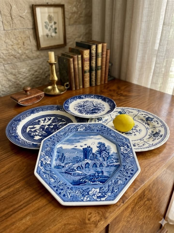 קולקציית כחול-לבן | רביעיית צלחות קיר ותצוגה וינטג' | מותגים אנגליים מובילים ויפן