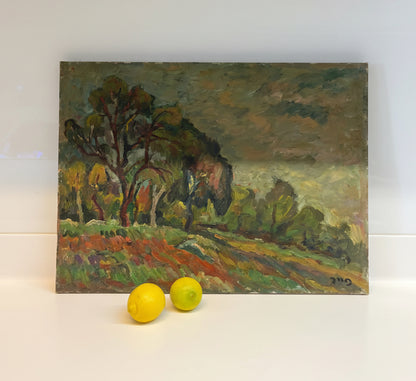 יצחק פייר (1908–1983) | חורשת עצים בנוף סוער | שמן על בד מוצמד ללוח עץ | פוסט-אימפרסיוניזם ארצישראלי