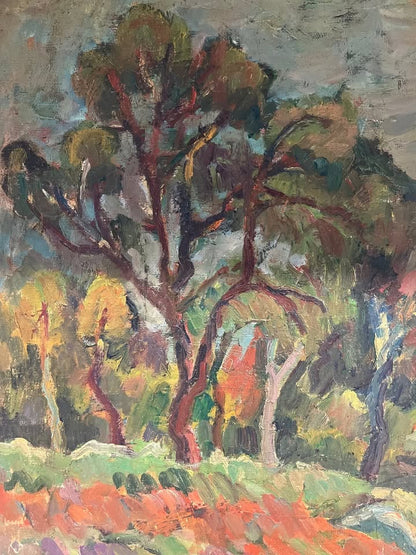 יצחק פייר (1908–1983) | חורשת עצים בנוף סוער | שמן על בד מוצמד ללוח עץ | פוסט-אימפרסיוניזם ארצישראלי
