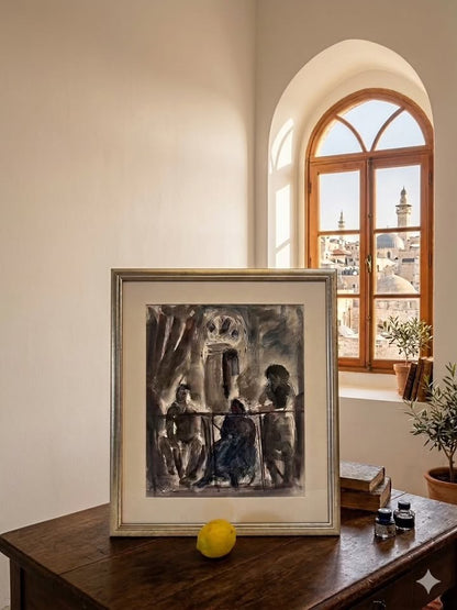 לאו קאהן (1894–1983) | יצירת אקוורל מקורית: "דמויות במרפסת"