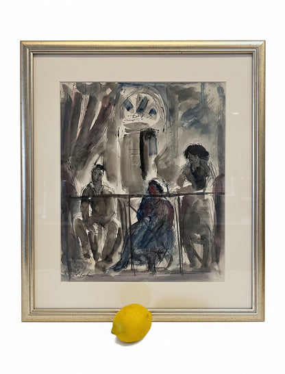לאו קאהן (1894–1983) | יצירת אקוורל מקורית: "דמויות במרפסת"
