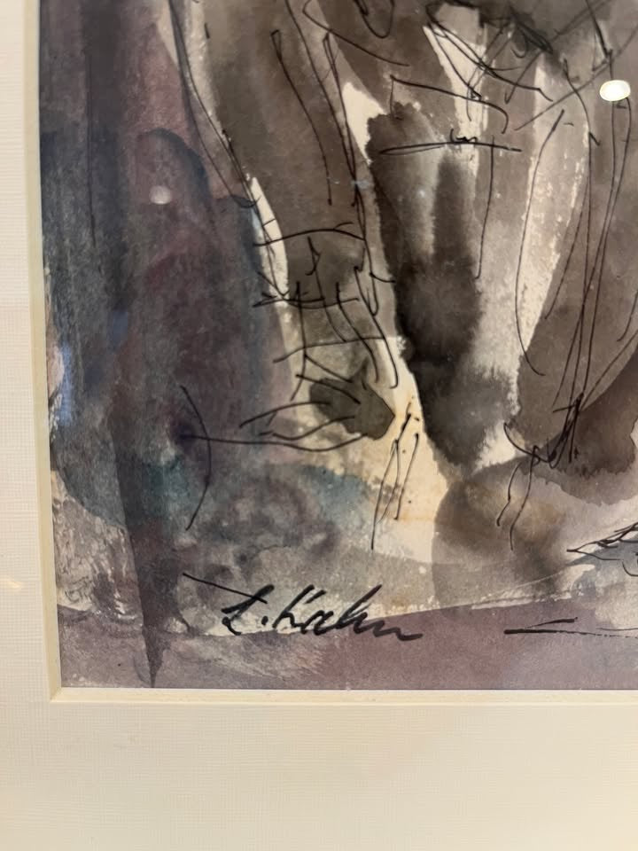 לאו קאהן (1894–1983) | יצירת אקוורל מקורית: "דמויות במרפסת"