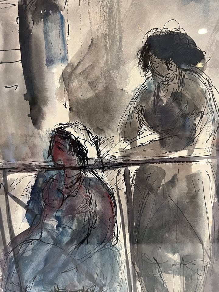 לאו קאהן (1894–1983) | יצירת אקוורל מקורית: "דמויות במרפסת"