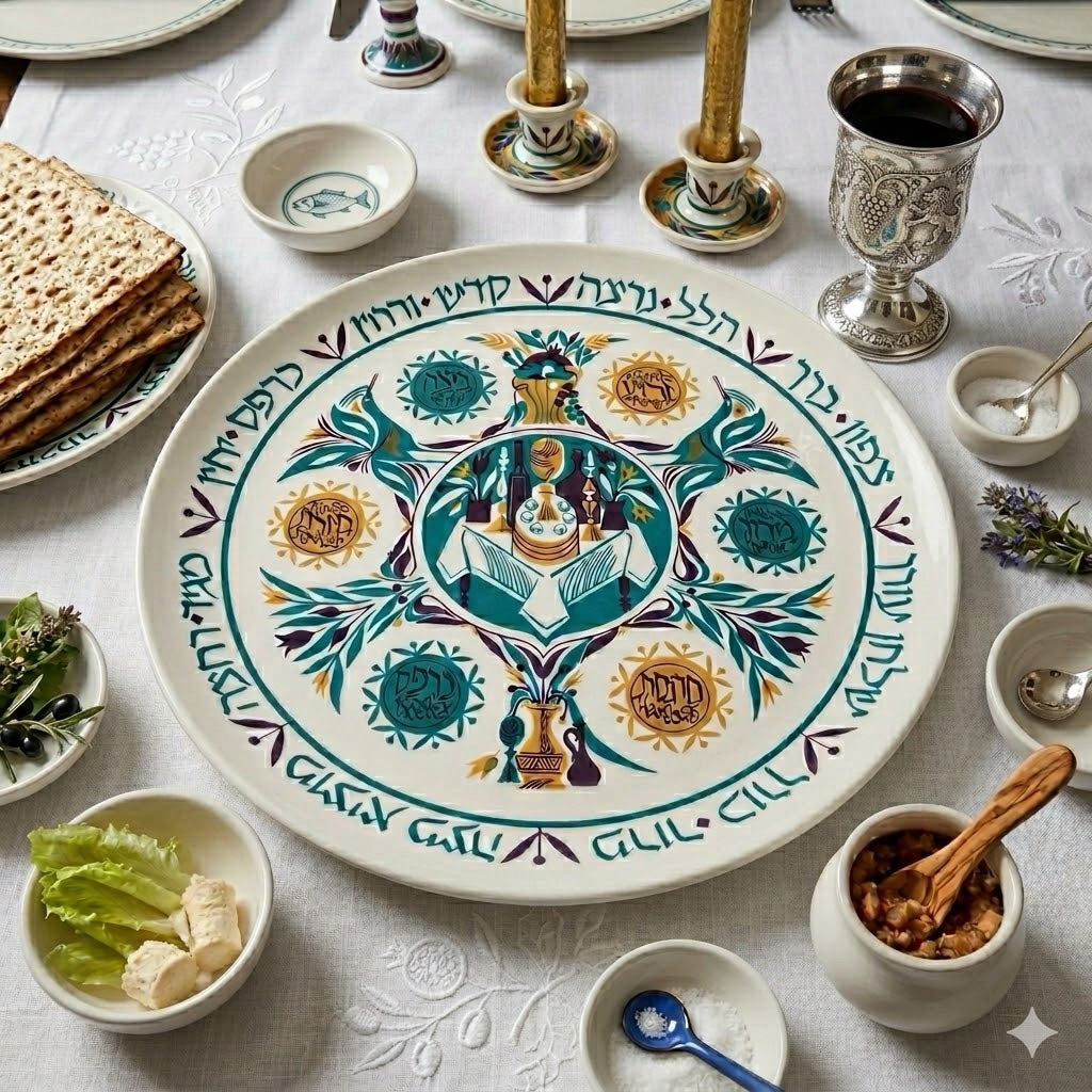 צלחת סדר פסח אמנותית | איור: שמואל כץ | תוצרת "נעמן" | מהדורה מוגבלת וממוספרת (מס' 718)