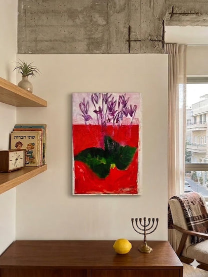עידן ארז (נ' 1970) | רקפות על רקע אדום | שמן על קנבס חופשי | אקספרסיוניזם בוטני / אמנות ישראלית עכשווית