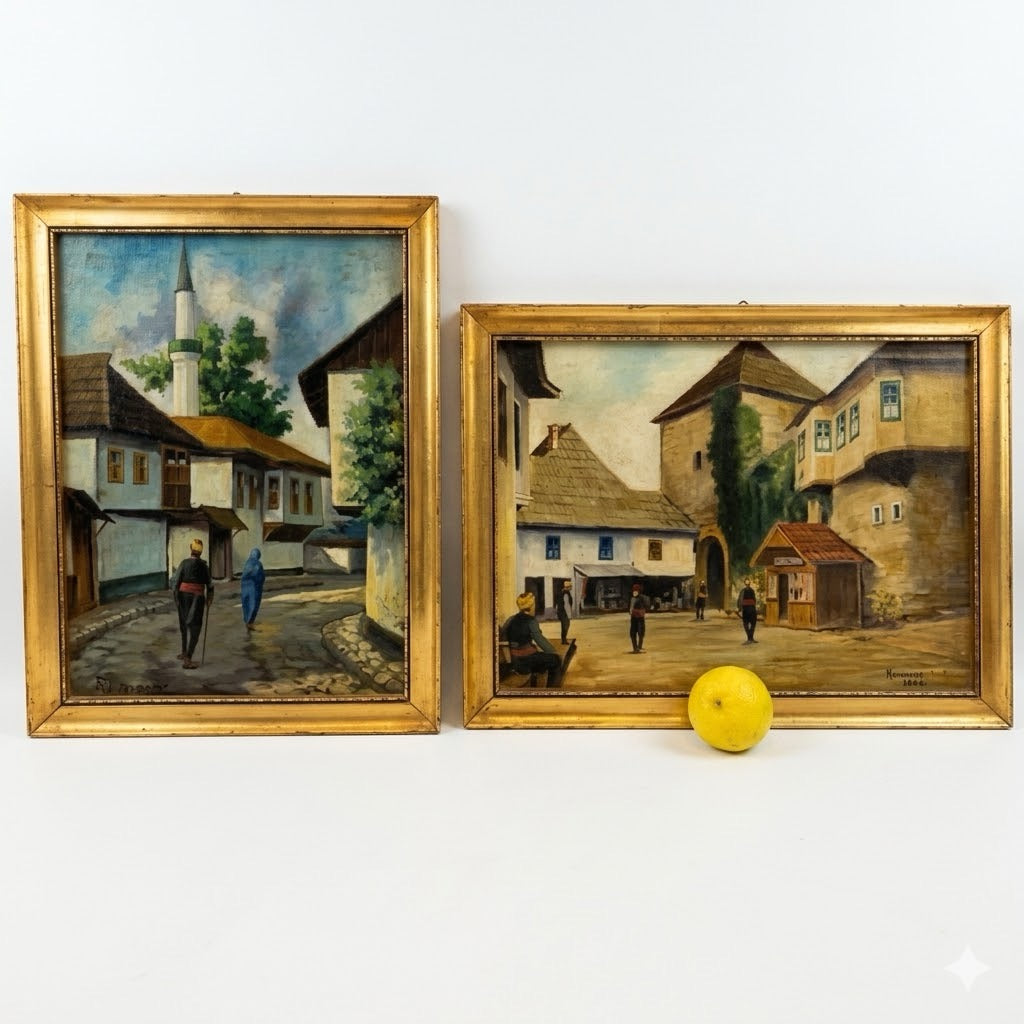 זוג ציורי שמן מקוריים | נופי יאיצה (Jajce), בוסניה | האמן ראמוביק (Ramovic) | סגנון אוריינטליסטי-בלקני