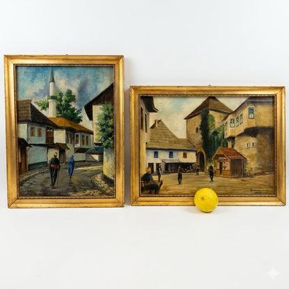זוג ציורי שמן מקוריים | נופי יאיצה (Jajce), בוסניה | האמן ראמוביק (Ramovic) | סגנון אוריינטליסטי-בלקני