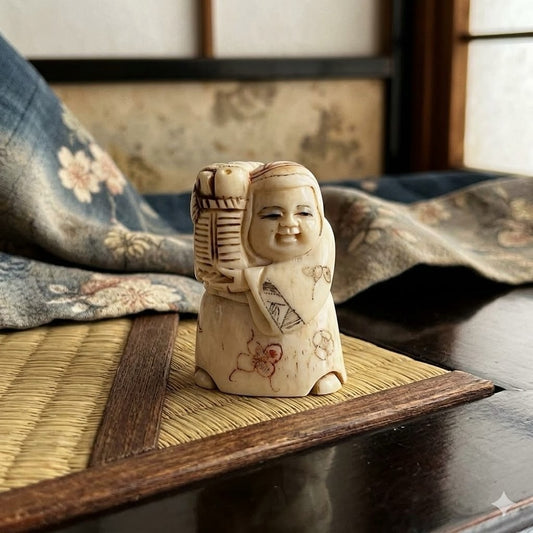 פריט אספנות: נטסקה (Netsuke) יפני עתיק מגולף בעצם – "איכרה נושאת סל פירות"