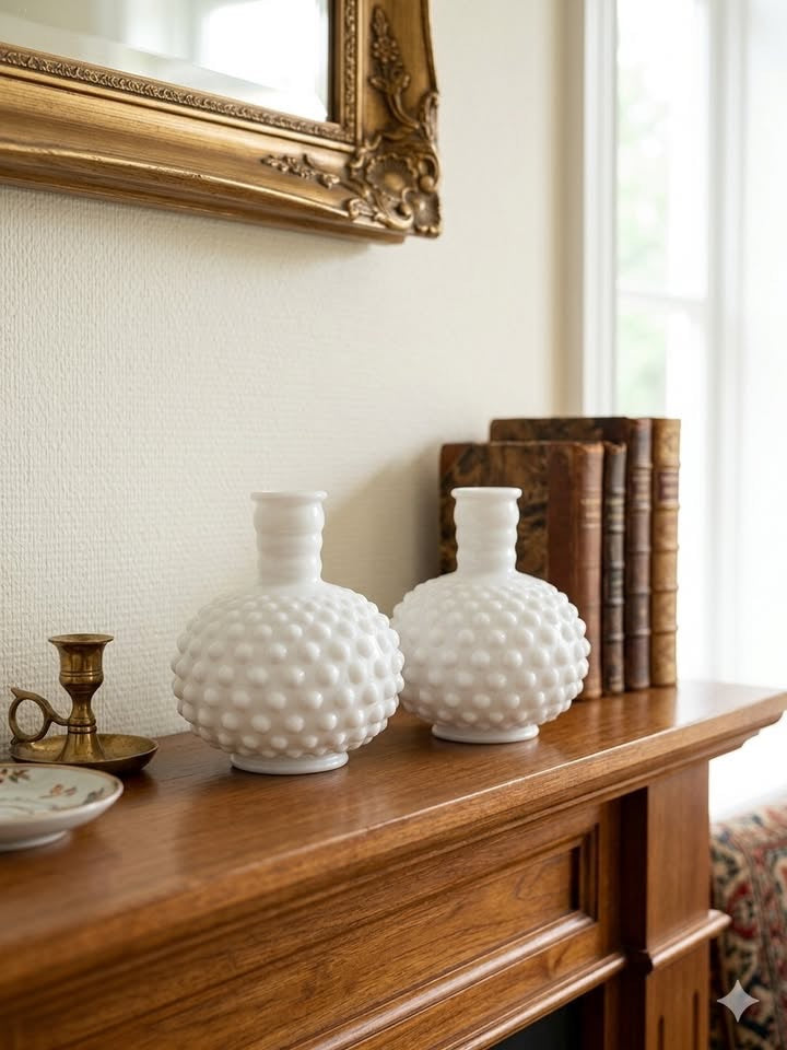 זוג אגרטלי זכוכית חלבית (Milk Glass) | דגם Hobnail