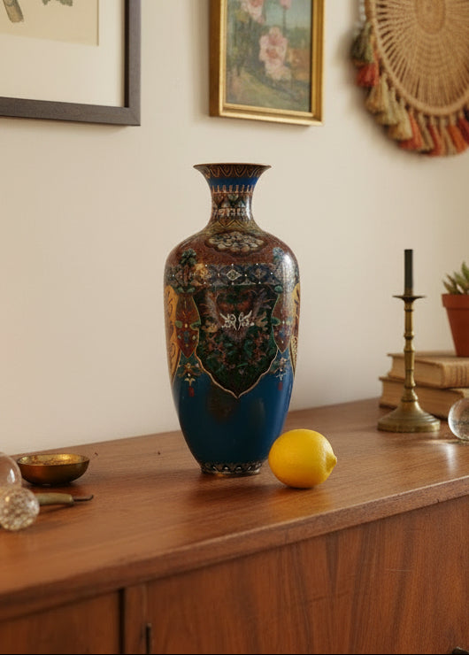 אגרטל קלאזונה (Cloisonné) יפני מוזיאוני – תקופת מייג'י (שלהי המאה ה-19) | נחושת ואמייל בעבודת יד | מוטיב פניקס ודרקונים