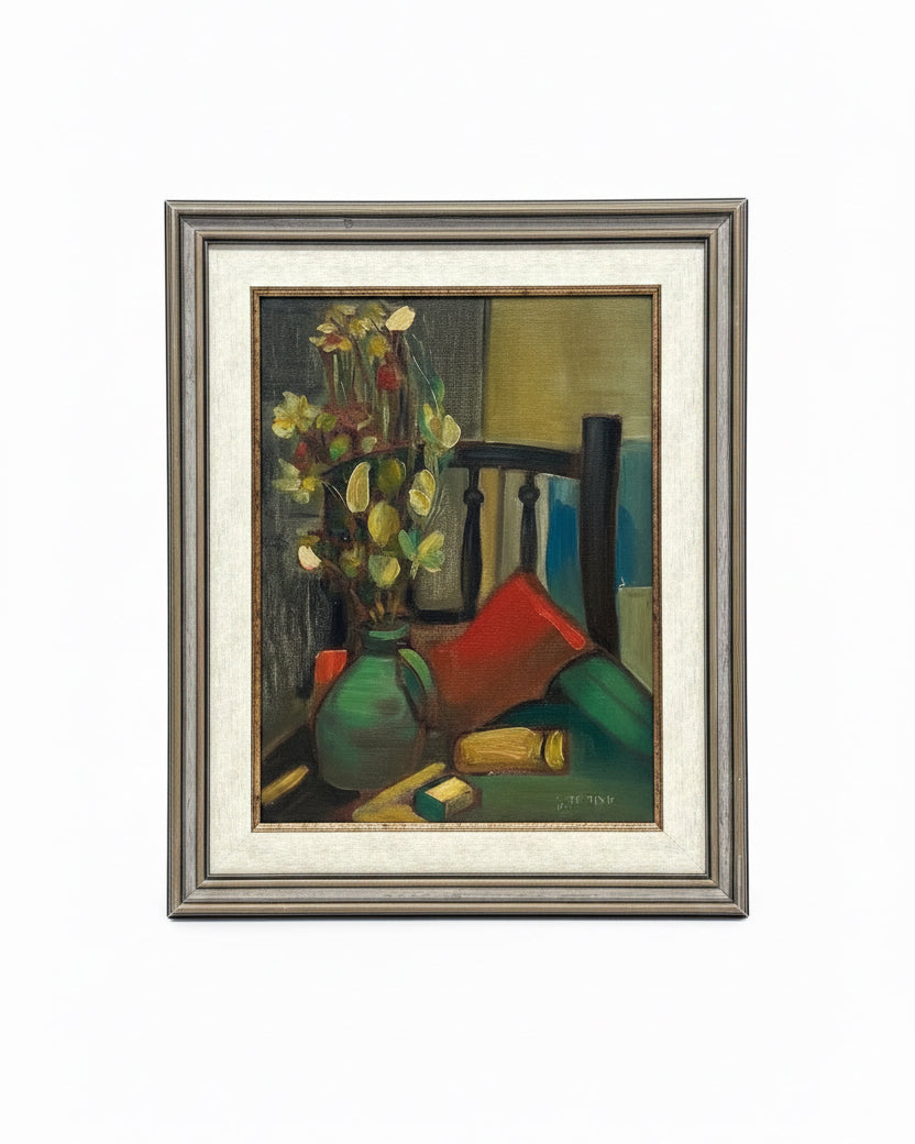 אירנה שר (1921–1990) | טבע דומם עם כד ירוק וכיסא | שמן על בד מוצמד ללוח | פוסט-אימפרסיוניזם מקומי (1980)