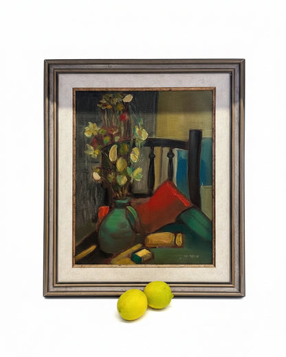 אירנה שר (1921–1990) | טבע דומם עם כד ירוק וכיסא | שמן על בד מוצמד ללוח | פוסט-אימפרסיוניזם מקומי (1980)