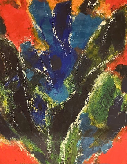 יהודה בר יושפט (1922–1993) | פריחה כחולה ברקע אדום | שמן על קרטון | אקספרסיוניזם חומרי עשיר