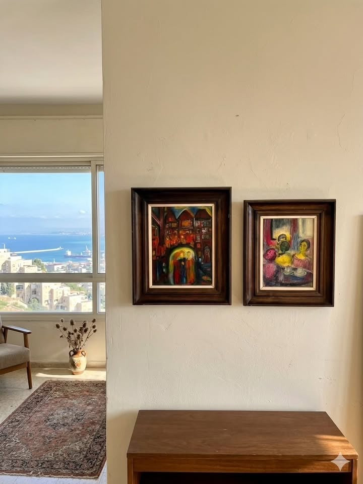זוג ציורי שמן על בד | "יהודים בעיירה" ו"נשים סביב שולחן" | סגנון אקספרסיוניזם יהודי (אסכולת פריז)