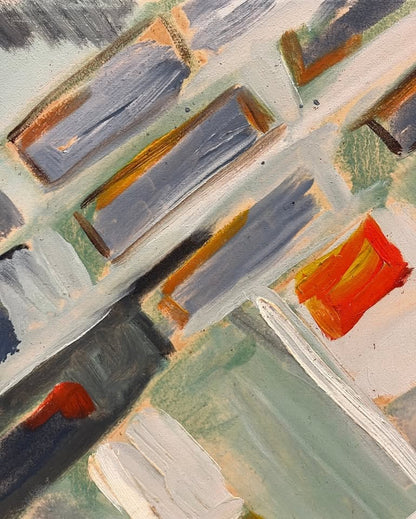 דן לוין (1926–2012) | קומפוזיציה מופשטת פנורמית | שמן על בד | מודרניזם ישראלי מוקדם / אסכולת עין הוד (1958)