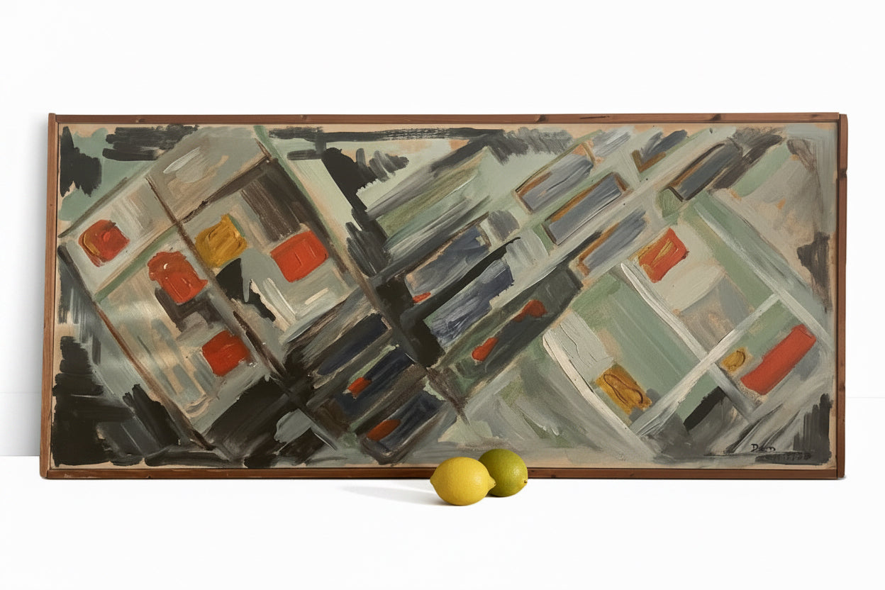 דן לוין (1926–2012) | קומפוזיציה מופשטת פנורמית | שמן על בד | מודרניזם ישראלי מוקדם / אסכולת עין הוד (1958)