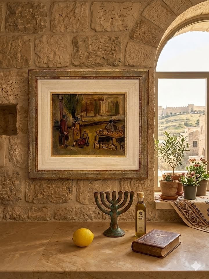 "דמויות בשוק" | ציור שמן ישן על לוח עץ | סגנון אקספרסיוניסטי נאיבי | ממוסגר