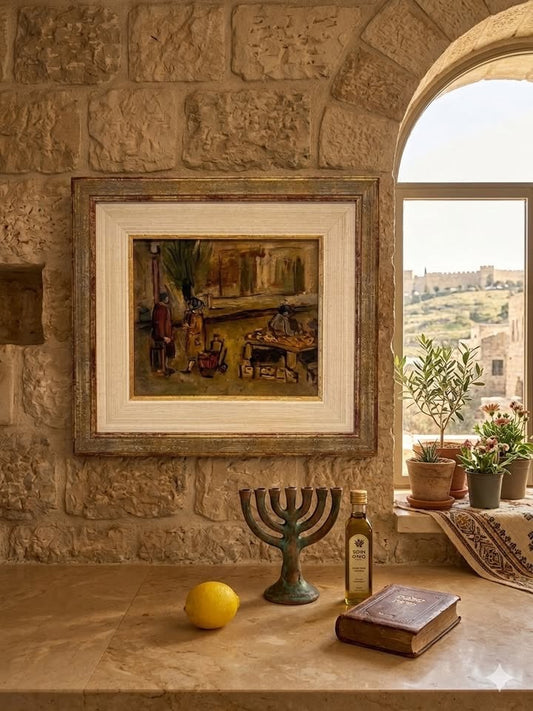 "דמויות בשוק" | ציור שמן ישן על לוח עץ | סגנון אקספרסיוניסטי נאיבי | ממוסגר