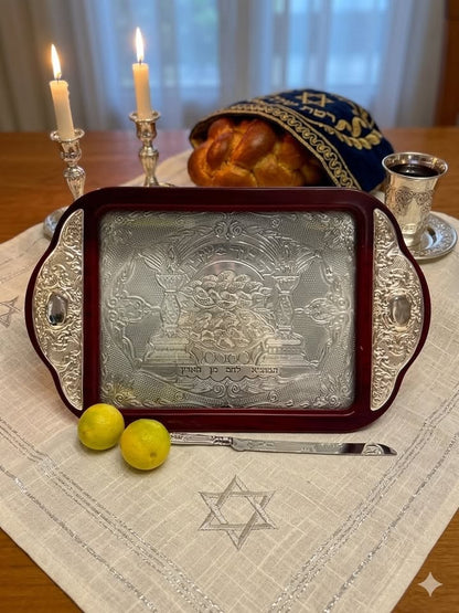 מגש שבת וסכין לחלה, עץ בשילוב כסף 925