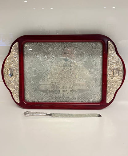 מגש שבת וסכין לחלה, עץ בשילוב כסף 925