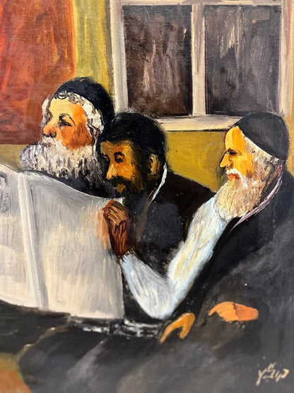 ניקולה קובץ' | חסידים קוראים בעיתון | שמן על בד | יודאיקה מודרנית / נוסטלגיה יהודית