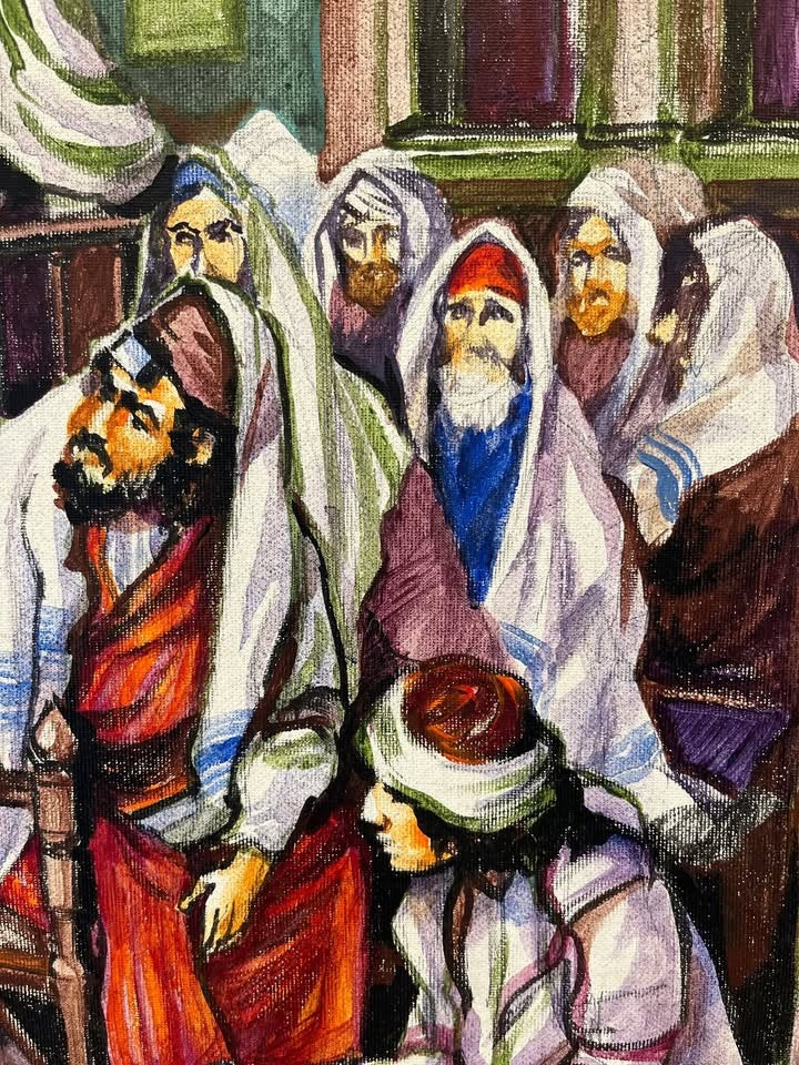 נחמן זבלודוביץ' | "מתפללים בבית הכנסת" | שמן על בד | חתום | יודאיקה ואמנות יהודית קלאסית