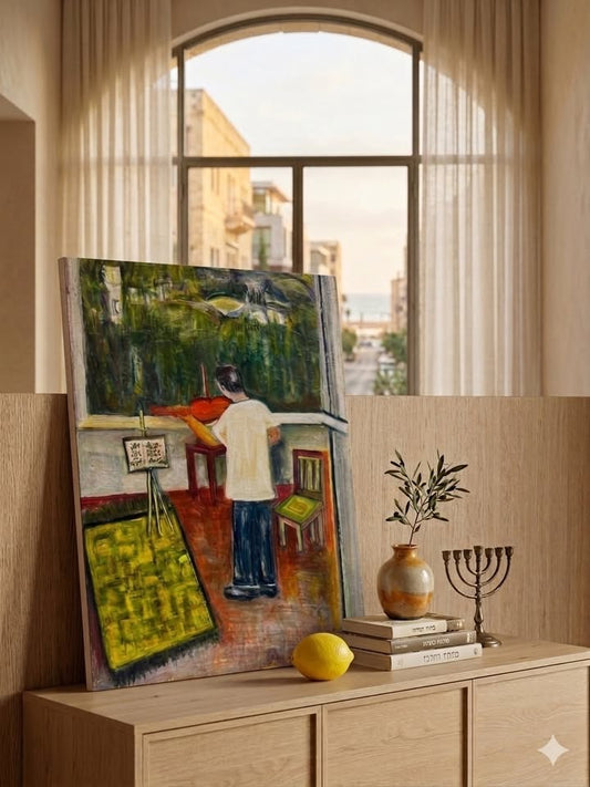 פנינה ייני (1906–2001) | הכנר (דיוקן בעלה של האמנית) | שמן על בד | מודרניזם קיבוצי / מופשט לירי ארצישראלי