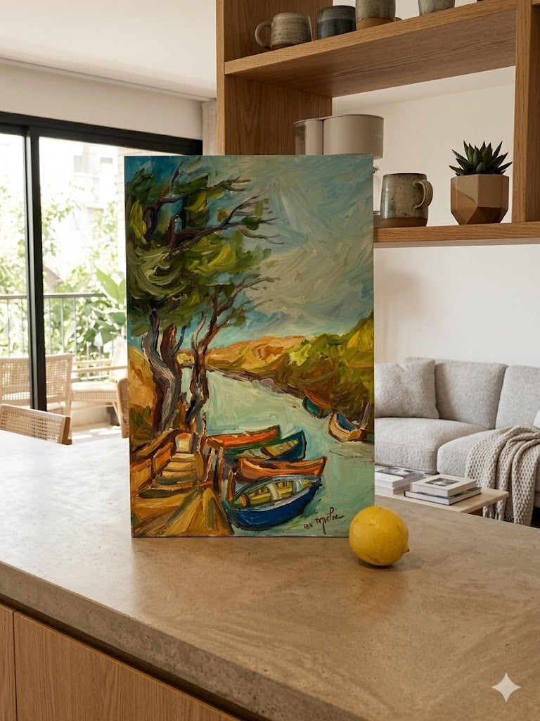 אלקה ראובן | "סירות בנהר" | שמן על בד מוצמד לקרטון | חתום ומתוארך (1981) | אימפרסיוניזם לירי