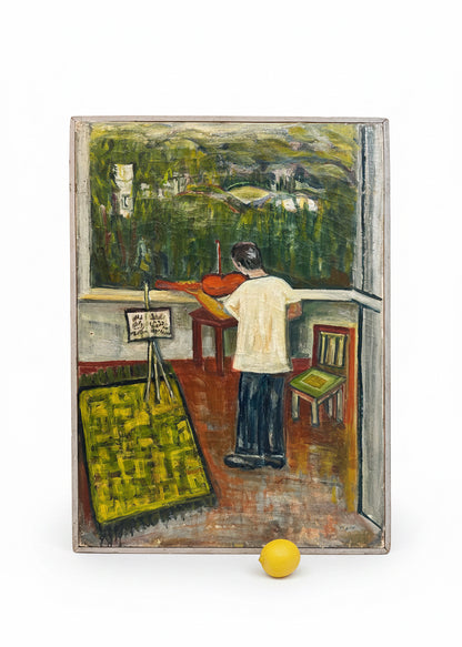 פנינה ייני (1906–2001) | הכנר (דיוקן בעלה של האמנית) | שמן על בד | מודרניזם קיבוצי / מופשט לירי ארצישראלי