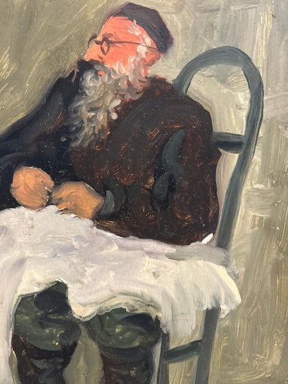 פולונסקי (Polonsky) | החרדי התופר | שמן על לוח עץ | יודאיקה מודרנית / אימפרסיוניזם יהודי