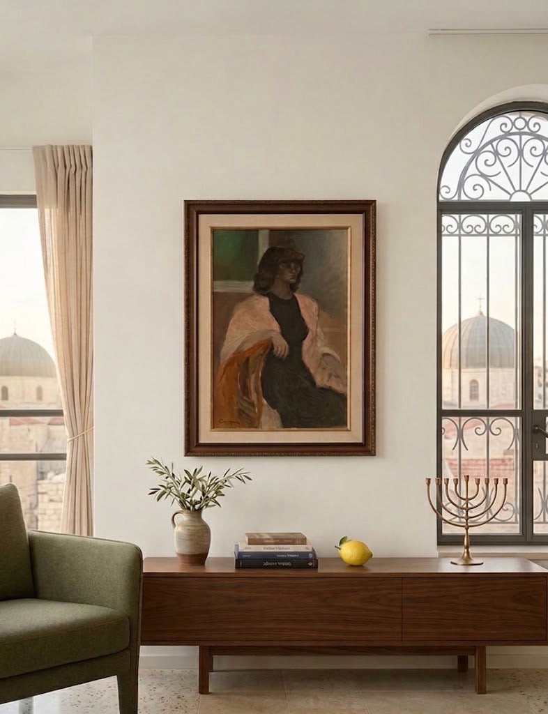 סימה בנארי | "אישה בצעיף לבן" – ציור דיוקן שמן על בד | חתום וממוסגר