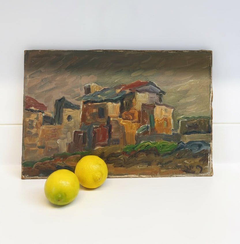 יצחק פייר (יליד פולין, עלה ב-1943) | נוף בתים אקספרסיבי | שמן על בד | מודרניזם ישראלי / אסכולת פריז המקומית