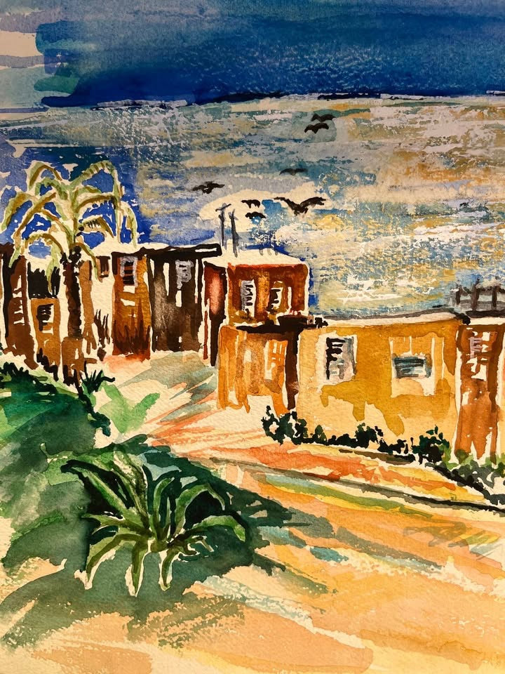 ציור אקוורל – נוף ים תיכוני (1987)