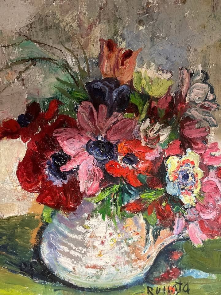 סלה רוסוטה (Sala Russota) | כלניות ורקפות (Still Life with Peonies and Anemones) | שמן על בד | מודרניזם ישראלי / אסכולת פריז המקומית (1976)