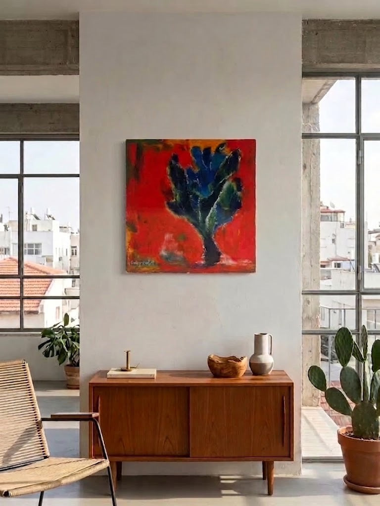 יהודה בר יושפט (1922–1993) | פריחה כחולה ברקע אדום | שמן על קרטון | אקספרסיוניזם עשיר