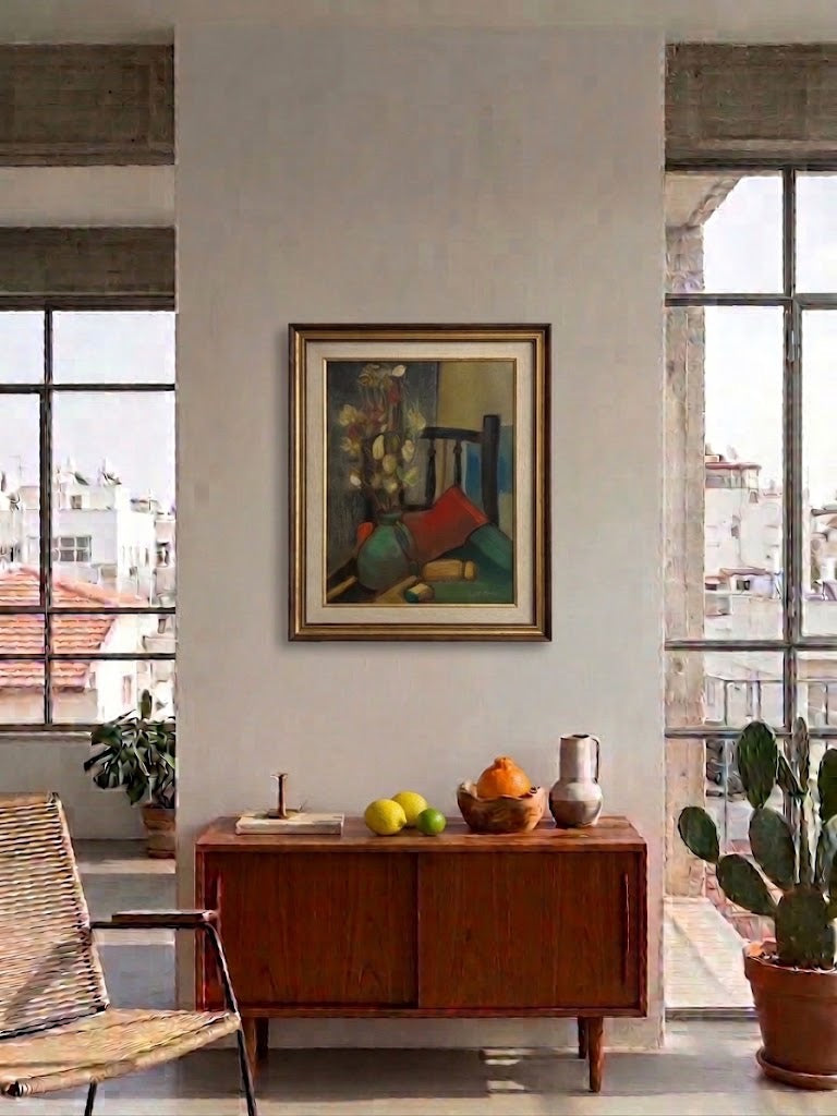 אירנה שר (1921–1990) | טבע דומם עם כד ירוק וכיסא | שמן על בד מוצמד ללוח | פוסט-אימפרסיוניזם מקומי (1980)