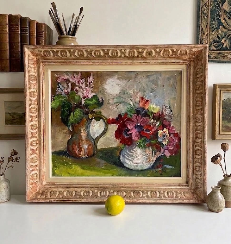 סלה רוסוטה (Sala Russota) | כלניות ורקפות (Still Life with Peonies and Anemones) | שמן על בד | מודרניזם ישראלי / אסכולת פריז המקומית (1976)