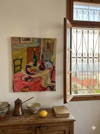 יצחק פייר | "טבע דומם בסטודיו" – ציור שמן אקספרסיבי וצבעוני | שמן על קרטון