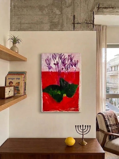 עידן ארז (נ' 1970) | רקפות על רקע אדום | שמן על קנבס חופשי | אקספרסיוניזם בוטני / אמנות ישראלית עכשווית