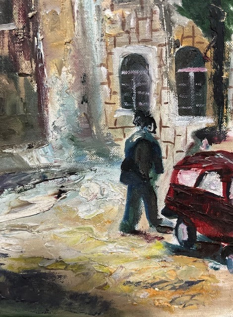 אמן לא מזהה | "רחוב אבן ירושלמי" – ציור שמן אקספרסיבי ועשיר באווירה | שמן על בד מוצמד לקרטון