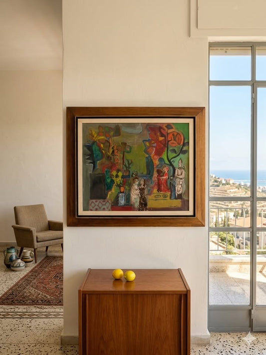 שלמה שוורץ | "התרחשות בגן הקסום" – ציור שמן אקספרסיבי וסוריאליסטי | שמן על בד | חתום וממוסגר
