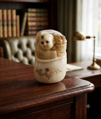 פסלון נטסקה (Netsuke) יפני עתיק: תינוק צוחק בעריסה | עצם מגולפת | חתום