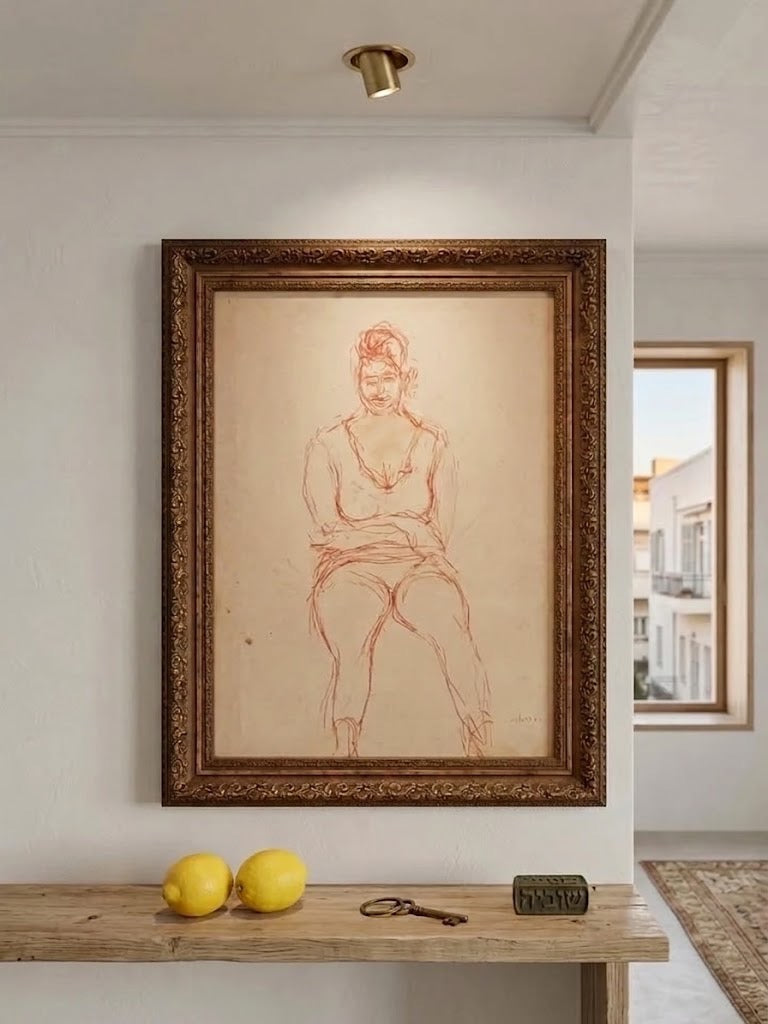 "דמות אישה יושבת" שנת 1956 | רישום וינטג' מודרניסטי מקורי | חתום ומתוארך ביד האמן | ממוסגר