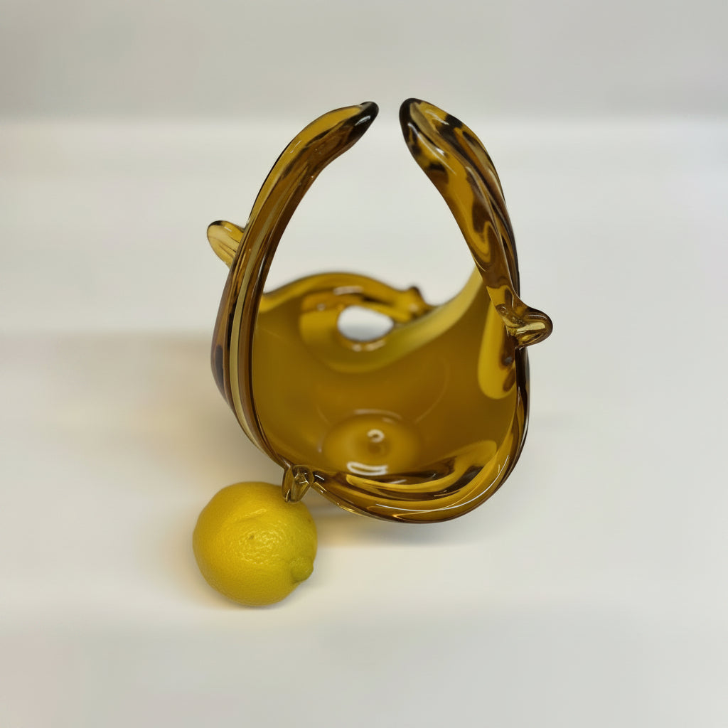 סלסלת זכוכית מוראנו (Murano) וינטג' | אומנות ניפוח ידנית | צהוב-כתום ענברי