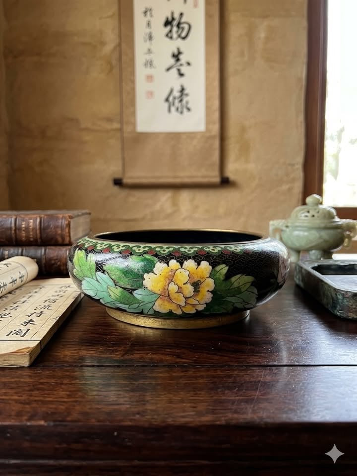 קערת קלאזונה (Cloisonné) סינית וינטג' – אמייל צבעוני על נחושת מוזהבת | מוטיב אדמוניות וציפורי שיר | המחצית השנייה של המאה ה-20