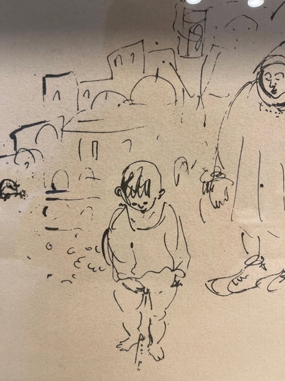 "הילד והעיר" (או "הילד המשתין ונופי העיר") | יוסל ברגנר (Yosl Bergner) | ליטוגרפיה נדירה – עותק אמן (A.P), 1952