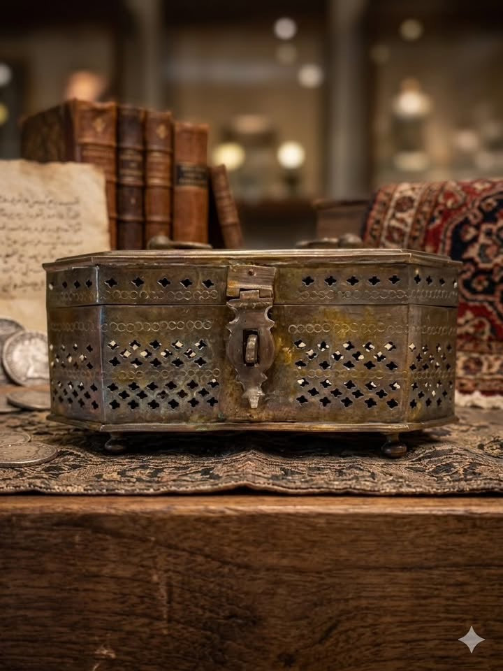 קופסת צרצרים (Cricket Box) אוריינטלית וינטג' – נחושת ופליז בעבודת חסר וחריטה ידנית | הודו, אמצע המאה ה-20