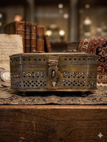 קופסת צרצרים (Cricket Box) אוריינטלית וינטג' – נחושת ופליז בעבודת חסר וחריטה ידנית | הודו, אמצע המאה ה-20