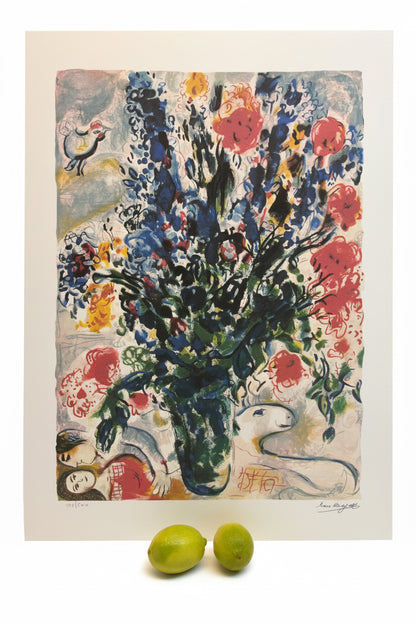 "הפרחים הכחולים" (Les Fleurs Bleues) | מארק שאגאל (Marc Chagall) | ליטוגרפיה צבעונית חתומה וממוספרת